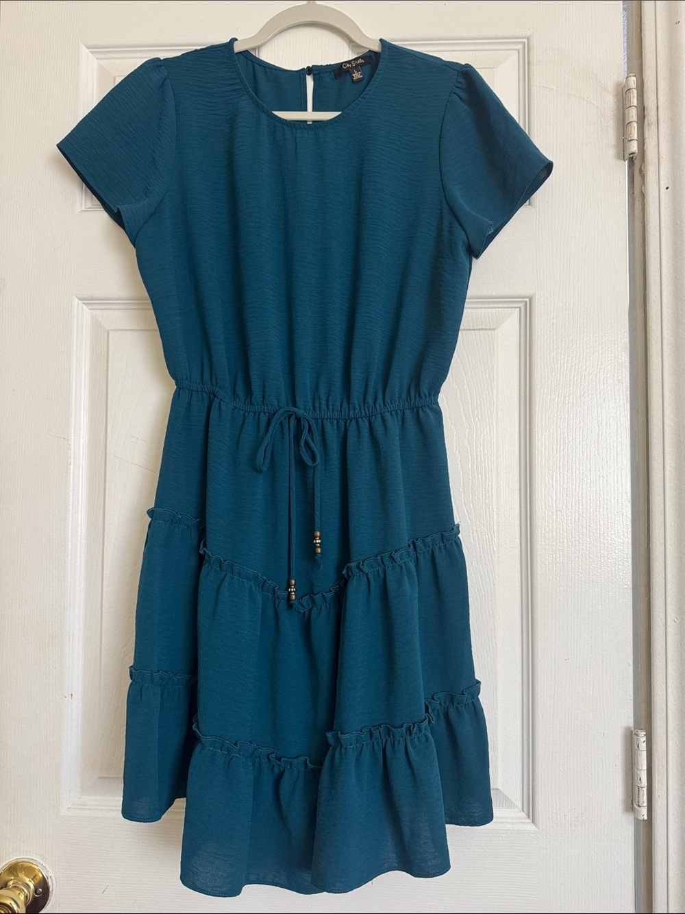 City Studio Teal Short-Sleeve Tiered Drawstring Dress